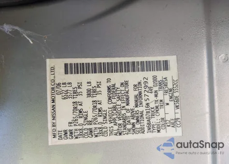 2006 Nissan Titan Se z USA, uszkodzony, nr VIN 1N6BA07B16N572992